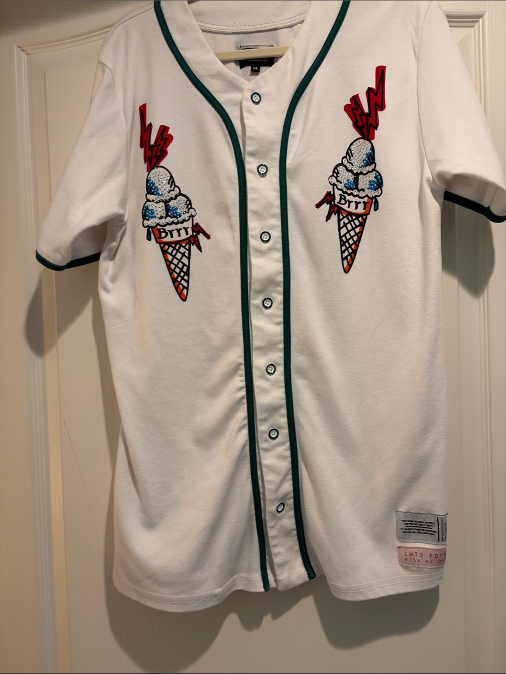 Mens White Baseball-Style Shirt with Ice Cream Patch